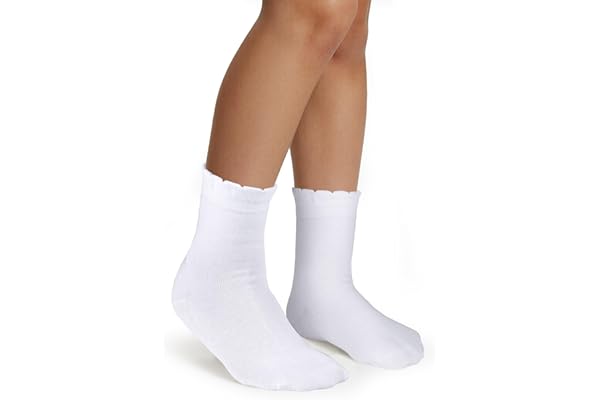 COTTON DAY Kids Girls White Dressy Textured Thin Socks Scallop Top 5 Pack