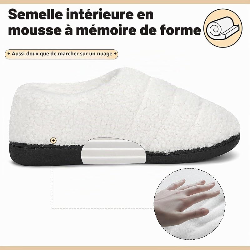 Chaussons Homme Femme Antidérapante Hiver Blanc 40/41EU