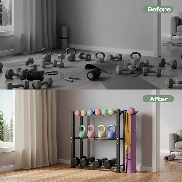 3-TIER DUMBBELL RACK FOR WOMEN, AESTHETIC HOME GYM STORAGE FOR WEIGHT SET, KETTLEBELLS & YOGA BALL, VERSATILE WORKOUT EQUIPMENT ORGANIZER WITH SIDE HOOKS, SPACE-SAVING