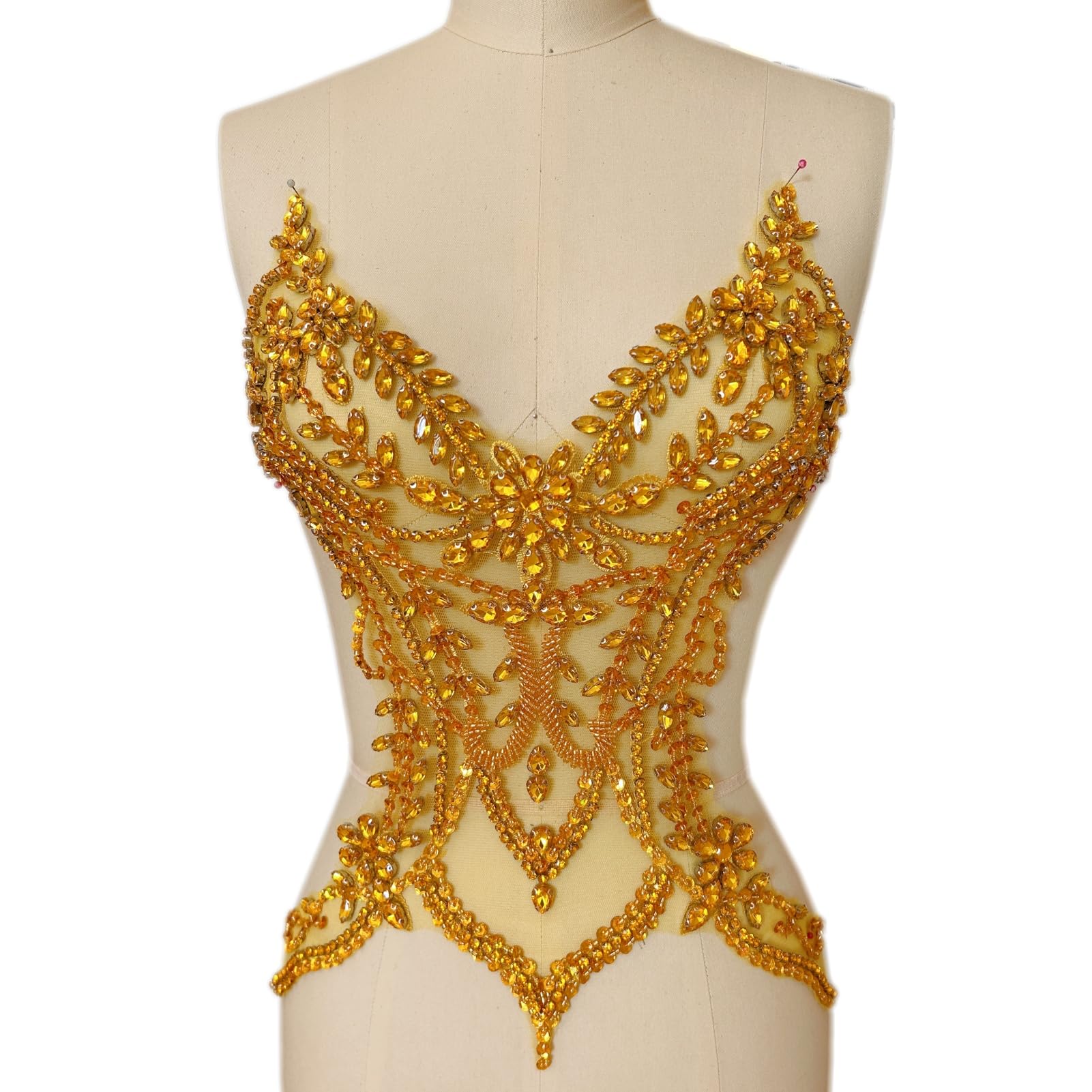 Photo 1 of Rhinestones Beaded Bodice Applique Patch Easy to use for Wedding Evening Dance Dress Decoration (Gold)