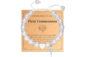 Jewl Aoer First Communion Gifts for Girls & Baptism Gift for Girls, White Pearls Cross Bracelet with Blessing Card, First Com
