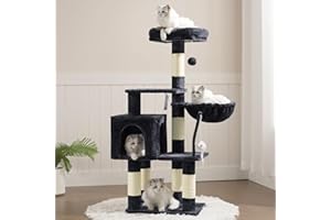 Heybly Cat Tree with Toy, Cat Tower Condo for Indoor Cats, Cat House with Padded Plush Perch, Cozy Hammock and Sisal Scratching Posts, Smoky Gray HCT004SG