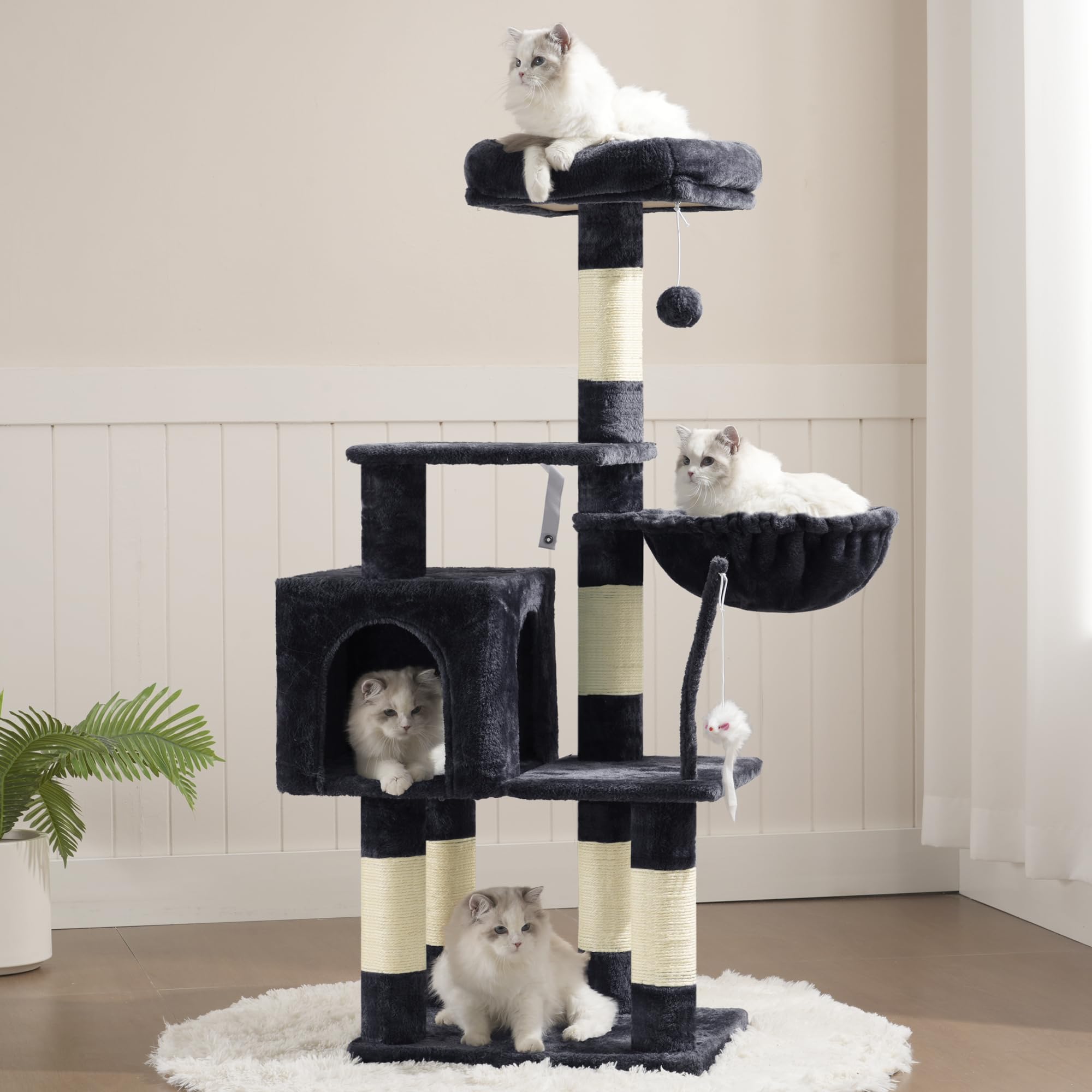 Photo 1 of Heybly Cat Tree with Toy, Cat Tower Condo for Indoor Cats, Cat House with Padded Plush Perch, Cozy Hammock and Sisal Scratching Posts, Smoky Gray HCT004SG