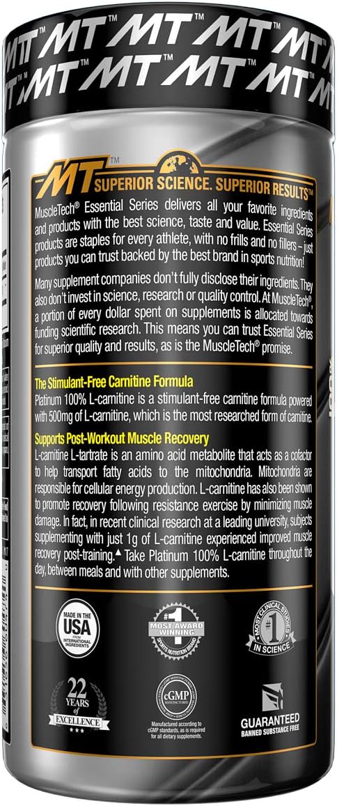 MuscleTech L-Carnitine Supplement, 500mg Acetly-L-Carnitine, Post Workout & Muscle Recovery, 180 Servings (Packaging may vary): Health & Personal Care