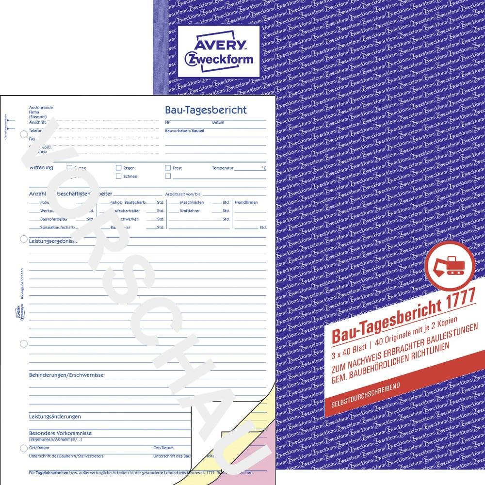 Avery Zweckform Building Daily Report Book First Second and Third Page Printed A4 3 x 40 Pages (German Text)
