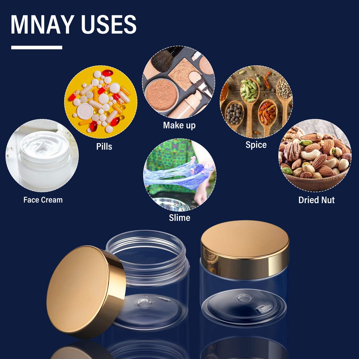 16 Pieces Round Clear Leak Proof Plastic Container Jar with Lid Plastic Slime Jar Empty Slime Storage Container Refillable Storage Favor Jar for Travel Cosmetic Lotion Creams (Gold,60 ml/ 2 oz)