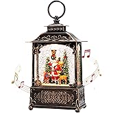 Christmas Snow Globe Lantern, Christmas Decorations Indoor Water Glittering Lantern with Music & Timer, USB/Battery Operated Lighted Lanterns for Home Decor Gifts
