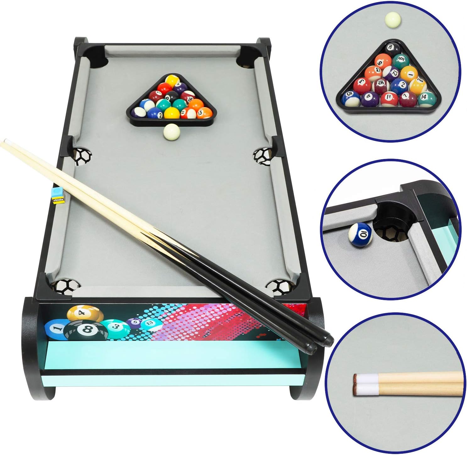 Tabletop Pool Set -Billiards Table Game Set, Mini Pool Table for Premium Tabletop Billiards Mini Snooker Game Set Travel-Size Billiards Table top with Balls, Cues, and Rack: Sports & Outdoors