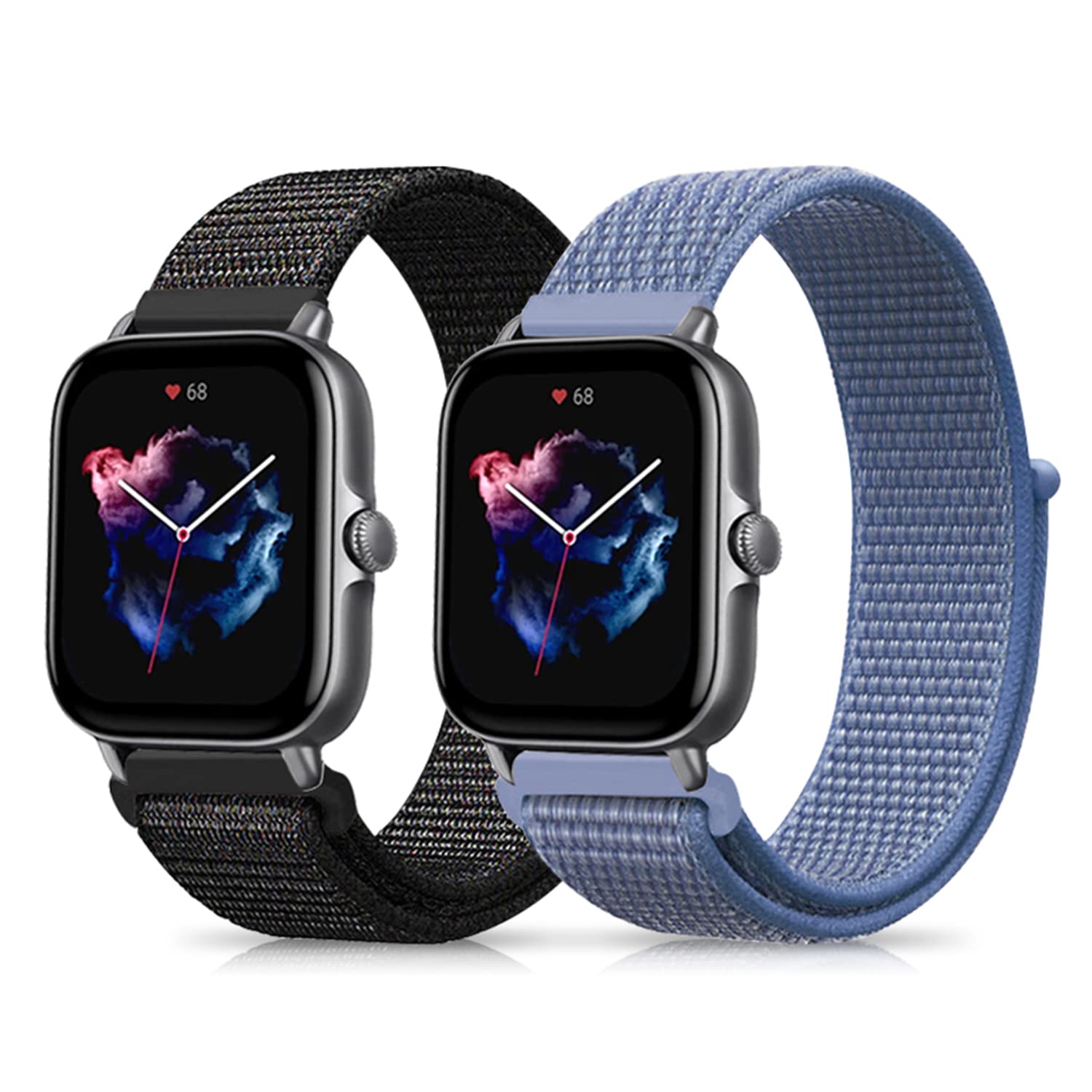 Niboow 20mm Strap Compatible with Amazfit T-Rex 3 Pro 44mm/Active 2/Active/GTS 4/GTS 4 Mini/GTS 3/GTS 2 Mini, Nylon Soft Watch Bands for Amazfit GTR Mini/Bip 3/Bip 3 Pro/Bip Lite/Bip U Pro -Black+Blue