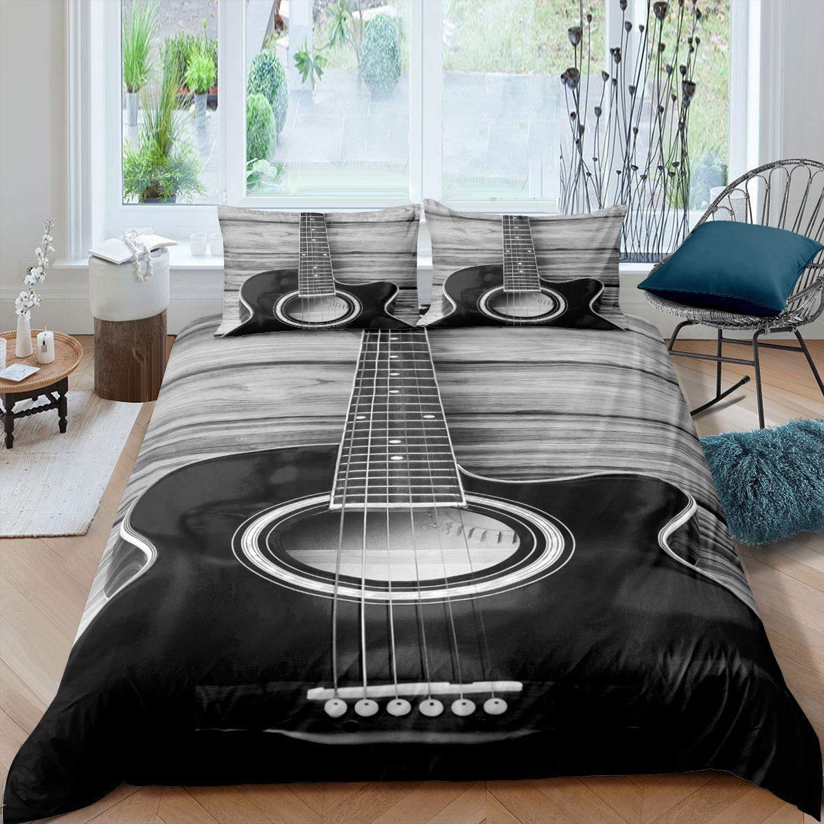 Guitar Duvet Cover Single Music Theme Bedding for Kids Teens Adult, Vintage Guitar on Wooden Floor Comforter Quilt Cover, Girls Boys Room Modern Decoration 2 Pcs Bed Set with 1 Pillowcase Grey