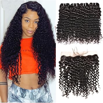 Amazon Com Brazilian Deep Curly Hair 3 Bundles With Frontal
