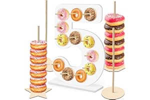 SOLEIM 5 Pcs Donut Stand Set, Doughnut Party Supplies Include 1 Pc Digit Donut Wall Display Stand, 4 Pcs Doughnut Wall, for Birthday Wedding Baby Shower Party (White number 5)