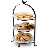 SparkWorks 3 Tiered Cake Stand, Tea Party Serving Platter, Dessert and Cupcake Stand, Metal Tiered Serving Stand Includes Three Premium White Stoneware Plates
