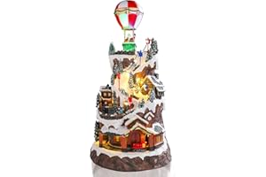 Ovewios Large Christmas Village Set, 20" Pre-lit Musical Christmas Snow Mountain Village with Rotating Air Balloon and Train for Christmas Party Home Tabletop Indoor Decorations
