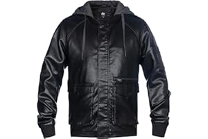 whattry Mens Faux Leather Jacket, Padded Windbreaker, Motorcycle Biker Bomber Coat with Hood