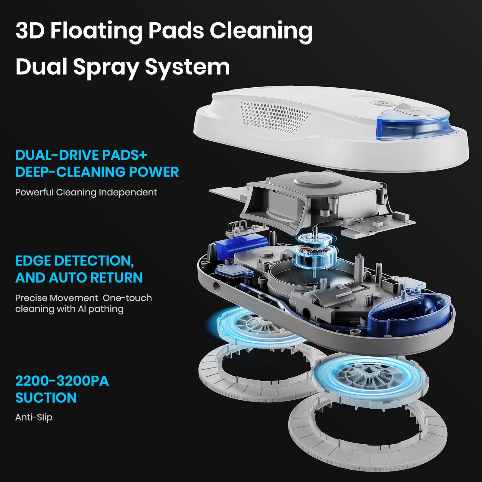 KKI Robot de limpieza de ventanas, robot limpiador de ventanas automático, pulverización dual, máx. 3200 Pa, planificación de ruta AI y detección de bordes, control remoto para ventanas de gran altura, puerta de vidrio, 10 paños, X3 (blanco)