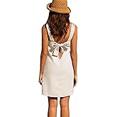 Lumister Womens Lightweight Cotton Linen Dress Sleeveless Crew Neck Back Bow Summer Mini Dresses with Pocket