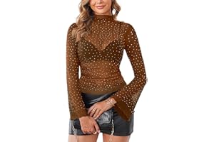 SEBOWEL Women Rhinestone Sheer Mesh Top Bell Sleeve Glitter Sparkle Tops Sexy Shirred Ruched See Through Party Top Blouses