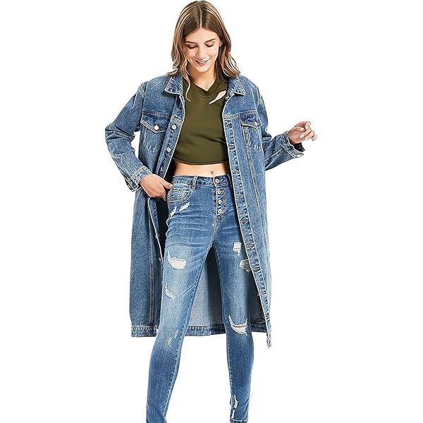 Womens Fashion Denim Trench Coat Long Jean Jacket Plus Size