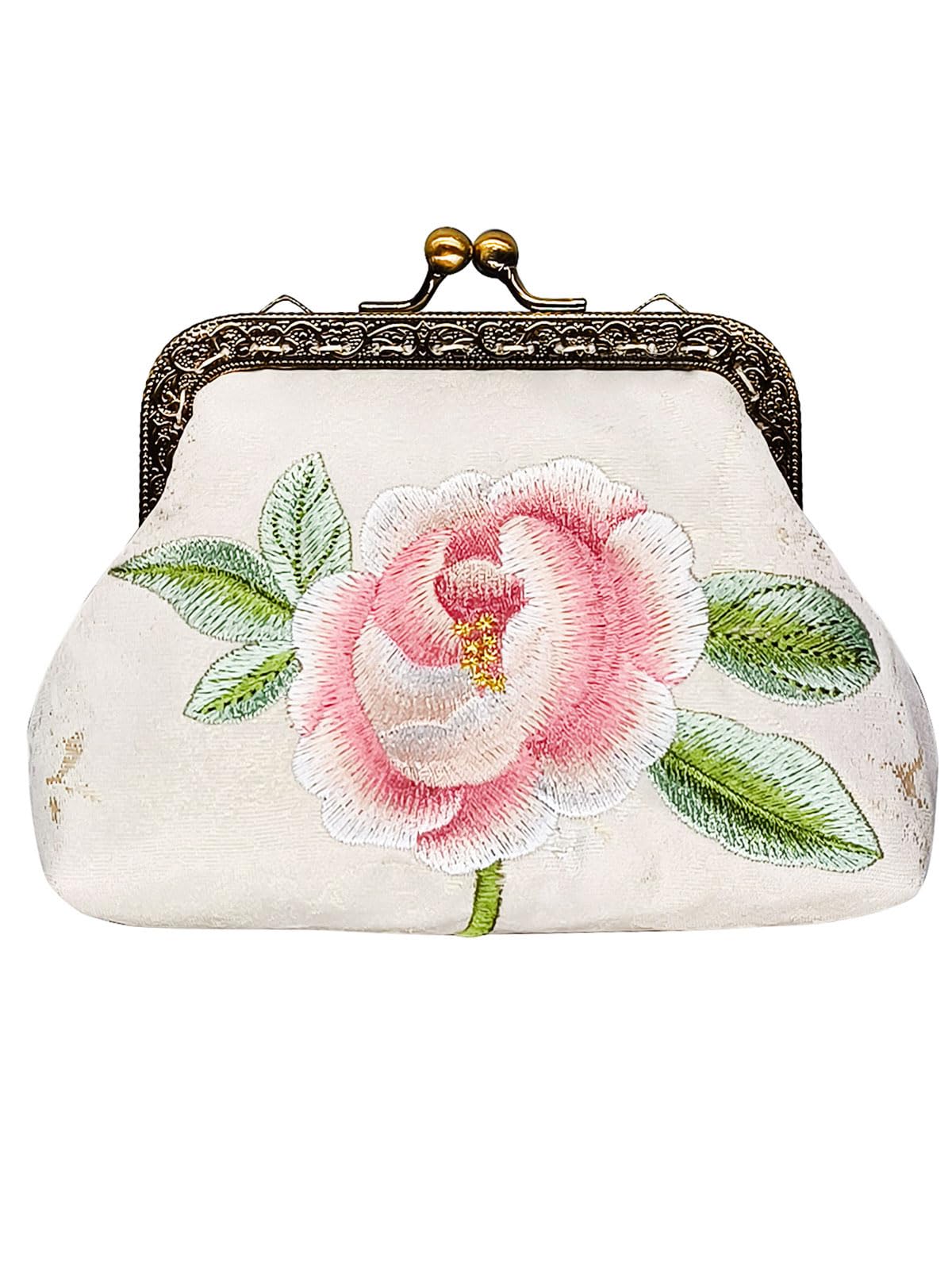 POPUCT Embroidery Floral Buckle Coin Purse Kiss Lock Wallet (White)