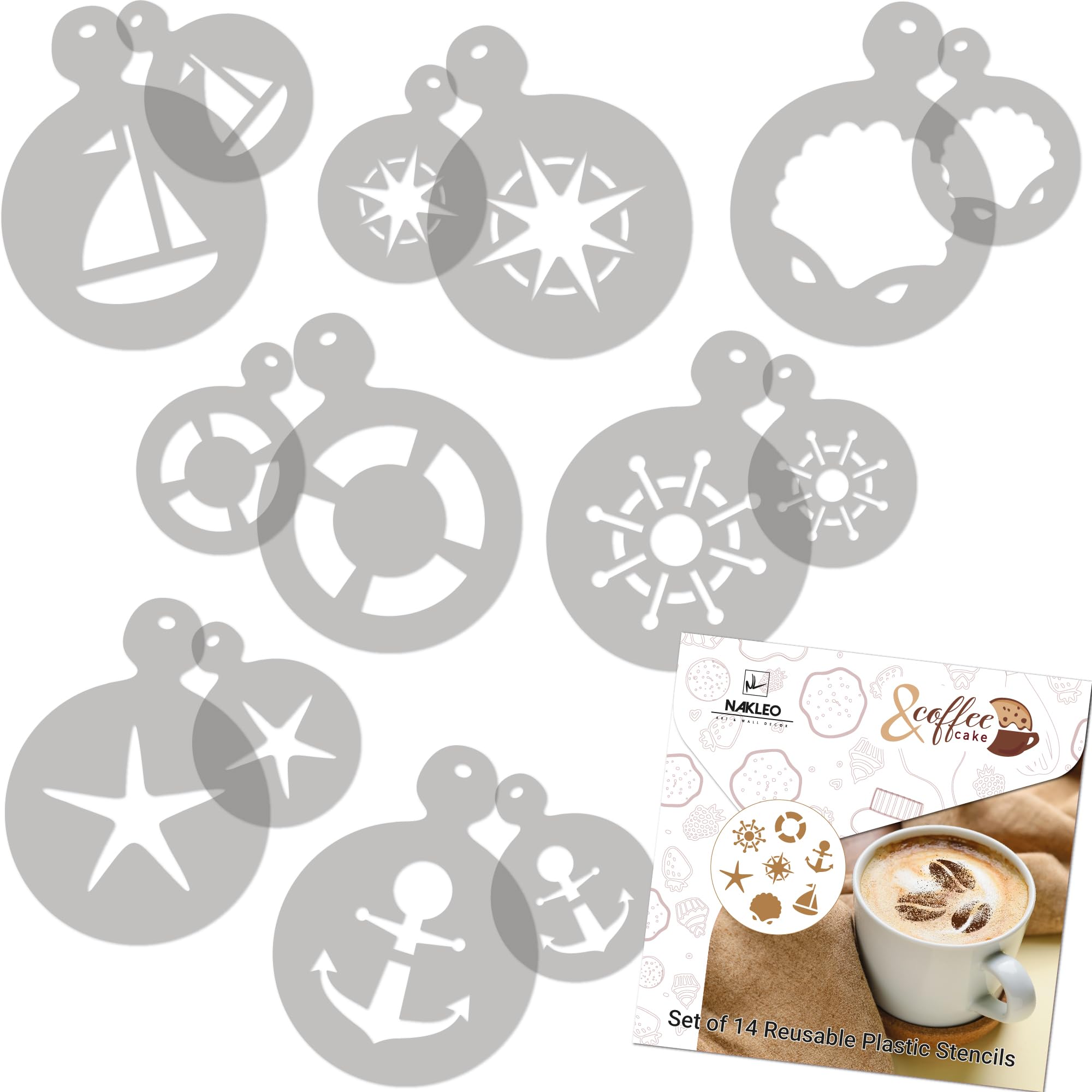 NAKLEO Coffee Stencils and Cookies Decoration 14Pcs 7x7 and 11x11cm, Reusable Plastic Baking Templates, Sea Ship Anchor, Barista DIY Art Craft, Capuccino Latte Chocolate Cake Biscuit Kitchen