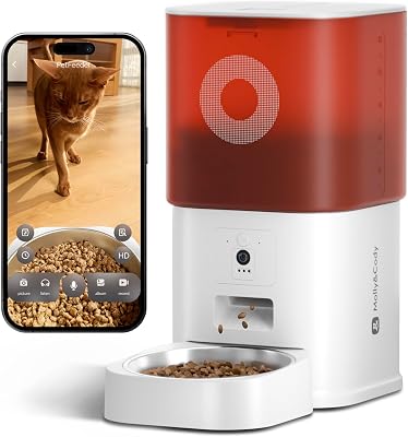 Futterautomat Katze mit Kamera 6L, Automatischer Katzen Futterautomat für Katzen und Hunde, App-Steuerung per WLAN, 2-Wege-Audio, Nachtsicht, Futterspender mit Edelstahlnapf (Weiß & Rot)