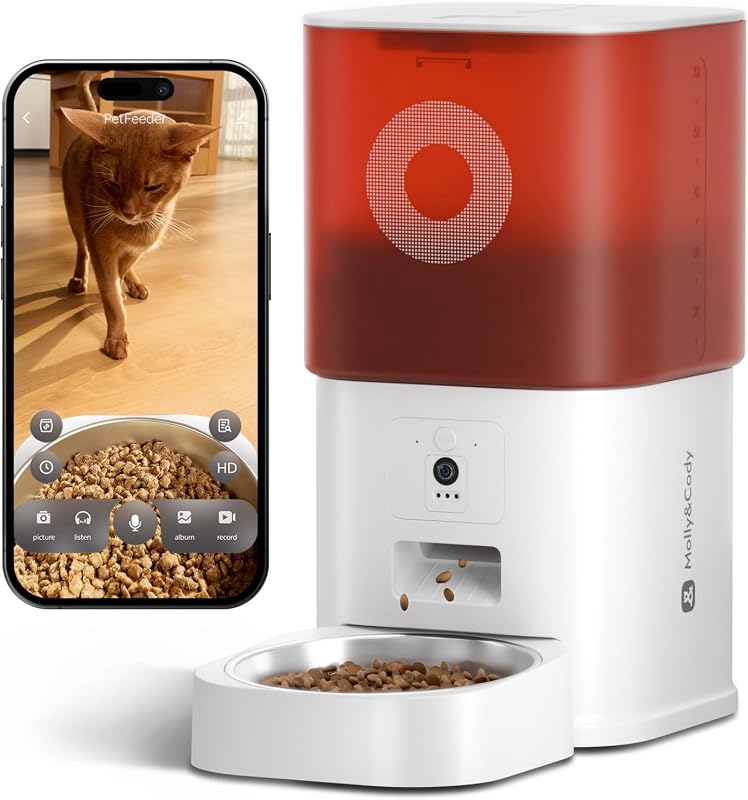Futterautomat Katze mit Kamera 6L, Automatischer Katzen Futterautomat für Katzen und Hunde, App-Steuerung per WLAN, 2-Wege-Audio, Nachtsicht, Futterspender mit Edelstahlnapf (Weiß & Rot)