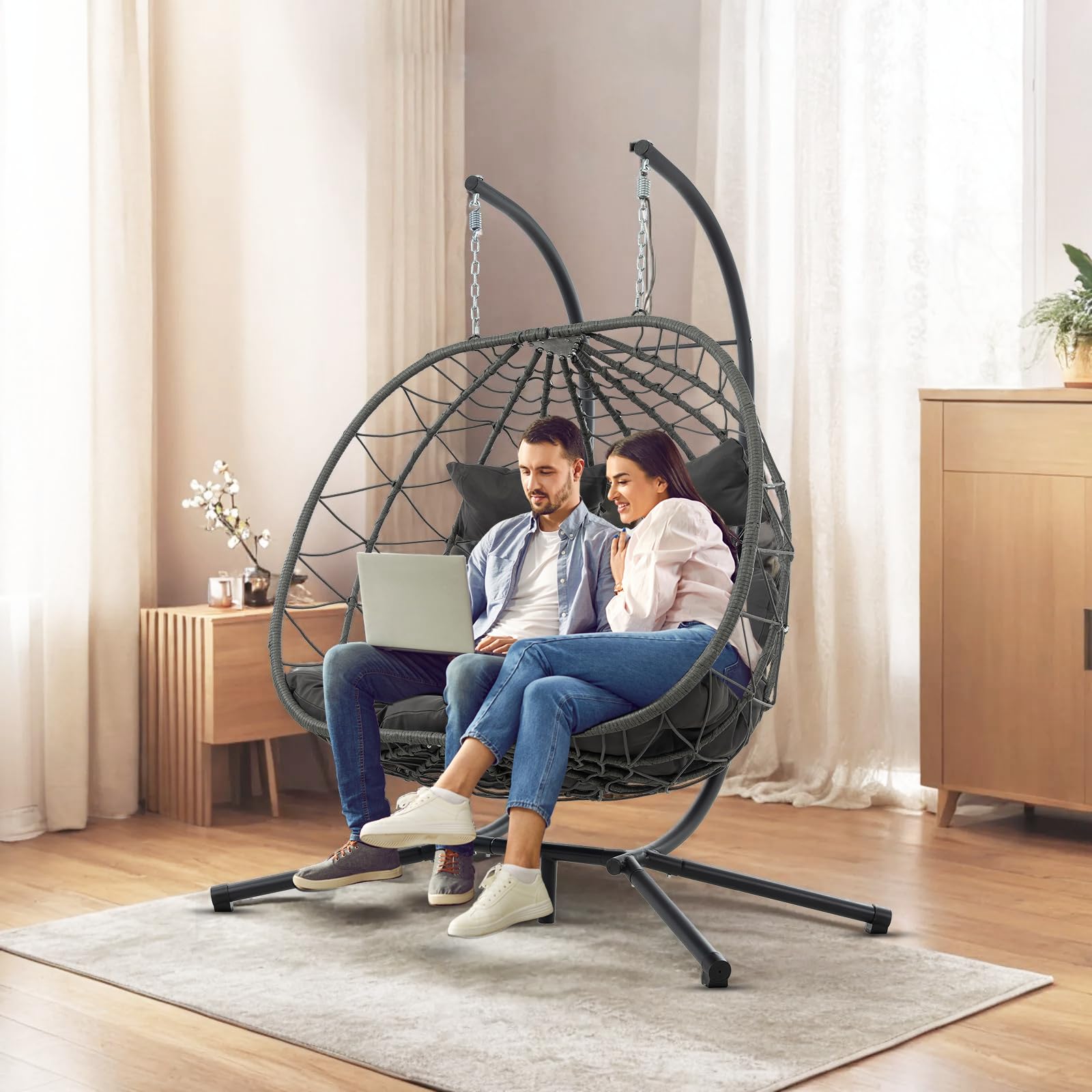 Photo 1 of ***PARTS ONLY***Anranni Double Egg Swing Chair with Stand, 2 Person Outdoor Indoor Hammock Hanging Chair with Cushion,Patio Wicker Hanging Egg Chair w/Cushion 700LBS Capacity for Bedroom, Balcony, Garden