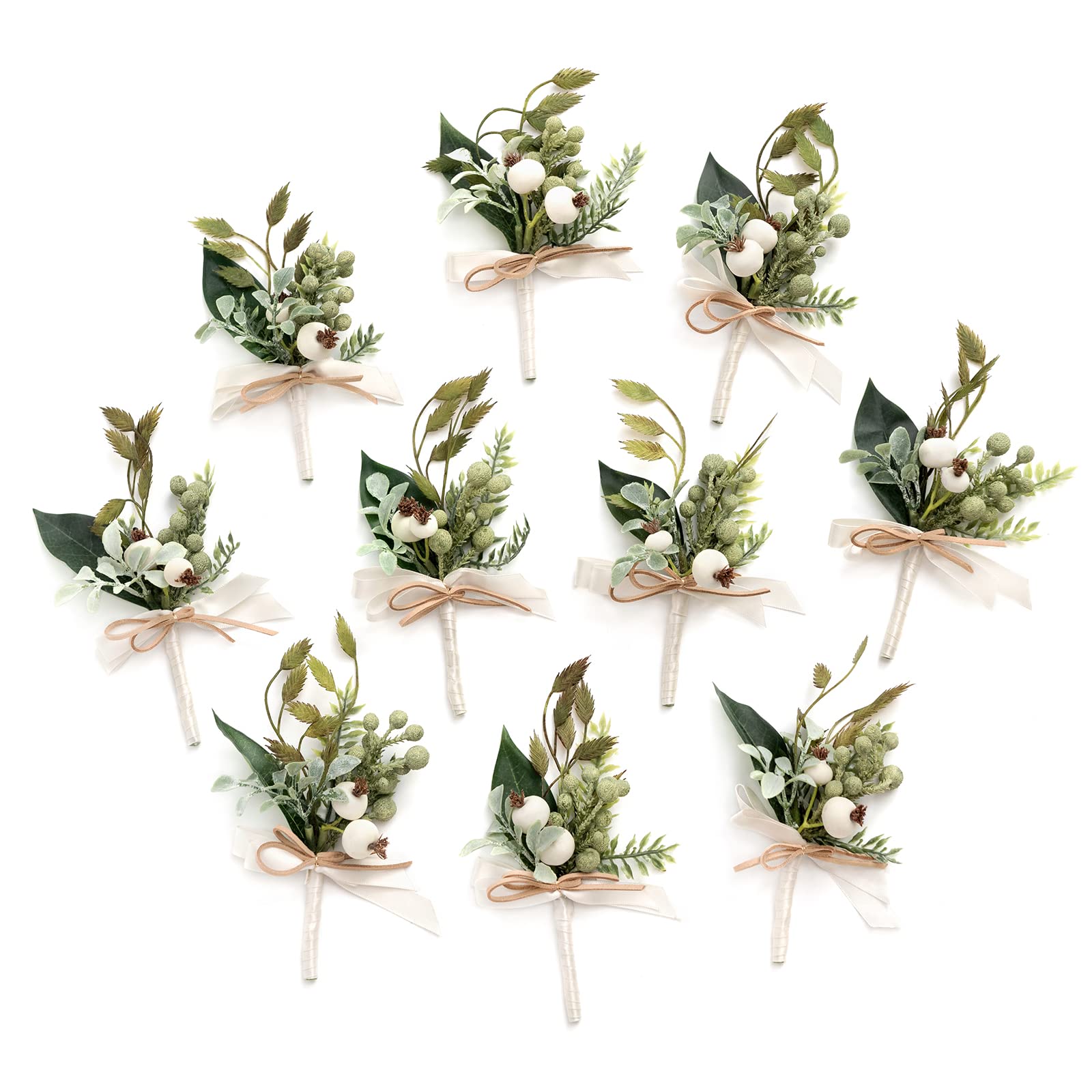 Photo 1 of Ling's Moment Boutonniere for Men, 10pcs Groomsmen Guest Boutonniere, Artificial Flowers for Wedding Décor/Prom/Homecoming,etc.White Greenery Berry
