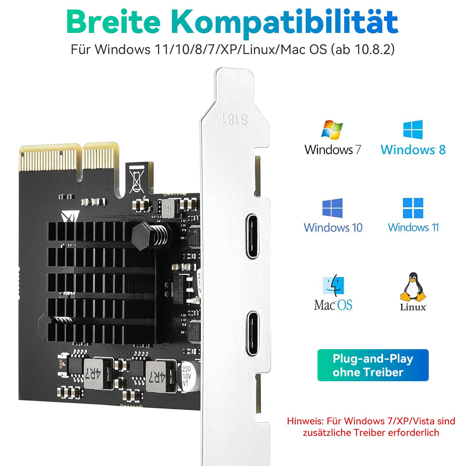 ELUTENG PCIE USB 3.2 Karte 2 Ports 2 x 10Gpbs Kompatibel mit PCIE X4/X8/X16, PCI Expree zu USB C 3.2 Gen2 Erweiterungskarte 20Gbps US B-Karte mit Großflächigem Kühlkörper für Desktop PC Windows 7
