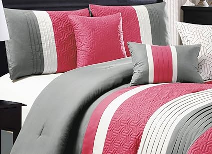 California King Hot Pink White Grey Modern 7 Piece Bedding