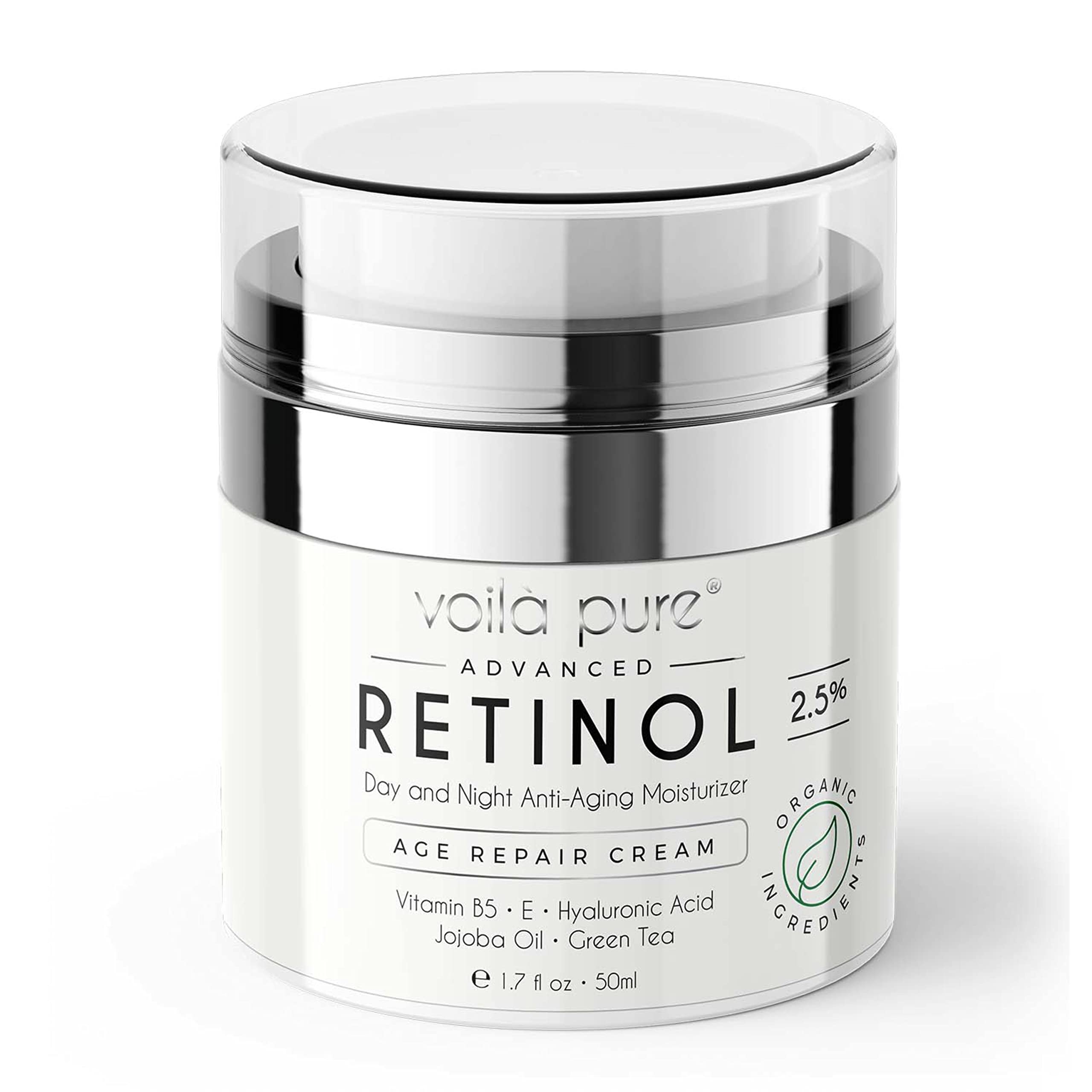 Voila Pure - RETINOL CREAM - Moisturizer - For Face & Neck - 2.5% Slow Release Retinol - Infused With Hyaluronic Acid & Vitamin E - Use Day & Night For Best Anti-Ageing & Acne Results - 1.7fl Oz