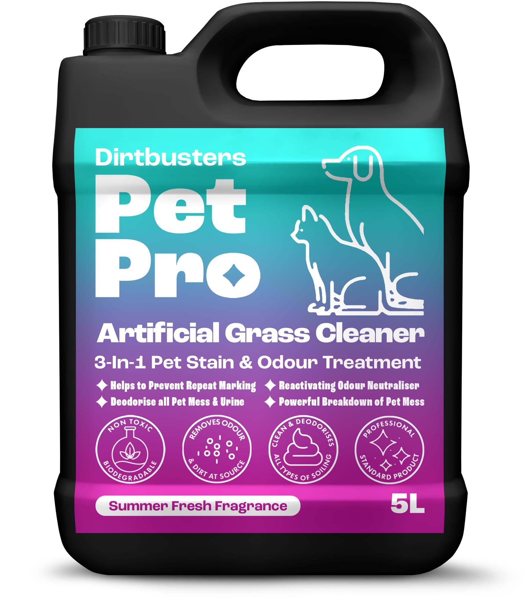 Dirtbusters Pet Pro Artificial Grass Cleaner (5L) For Dogs & Cats, 3-in-1 Clean, Remove Stains, Urine & Deodorise With Reactivating Odour Eliminator For Astro Turf & Fake Grass