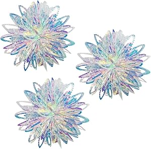3 Pack Holographic Flower Ball Hanging Decoration, Shiny Iridescent White Foil Ceiling Decorative Ornament for Decorating Party Venue (Flower Ball Ornament)