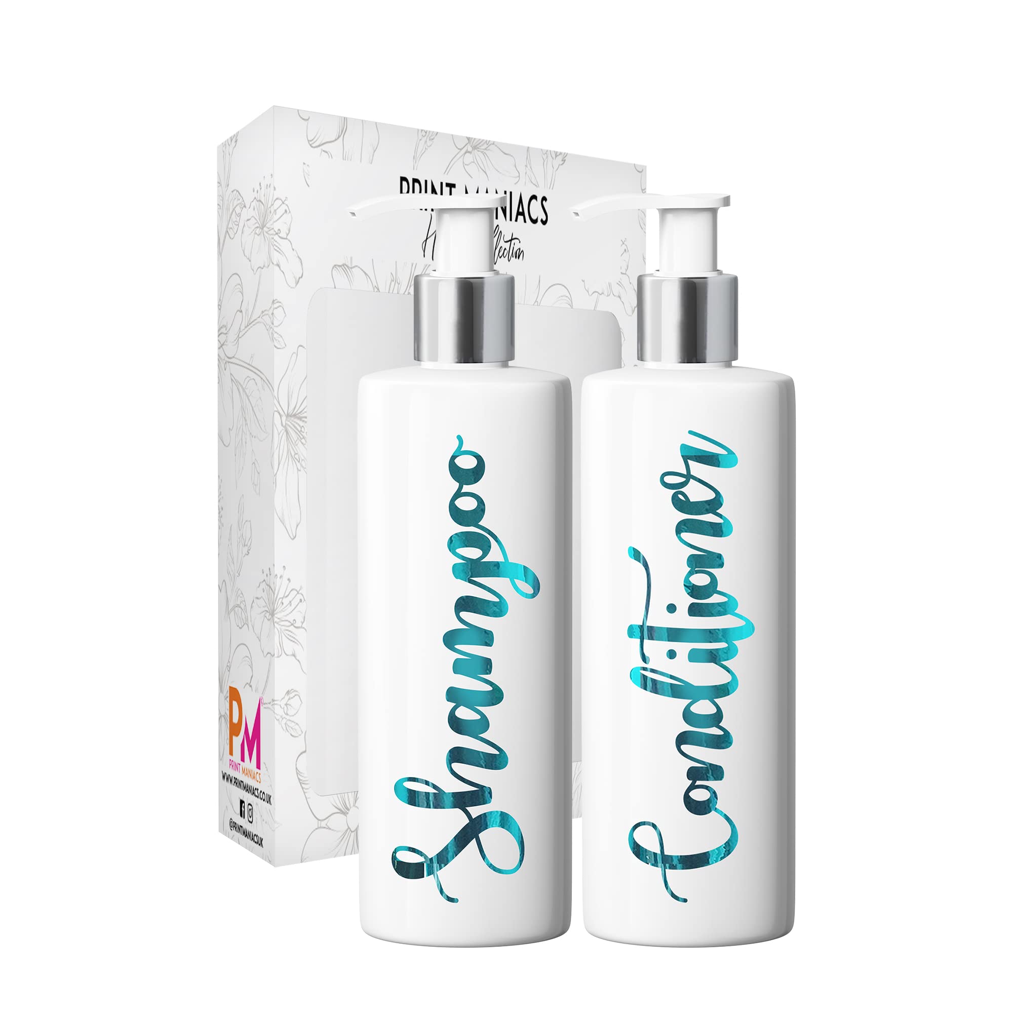 Print Maniacs 2 Set Mrs Hinch Inspired White Personalised Dispenser Pump Bottles Shampoo Conditioner (Teal)