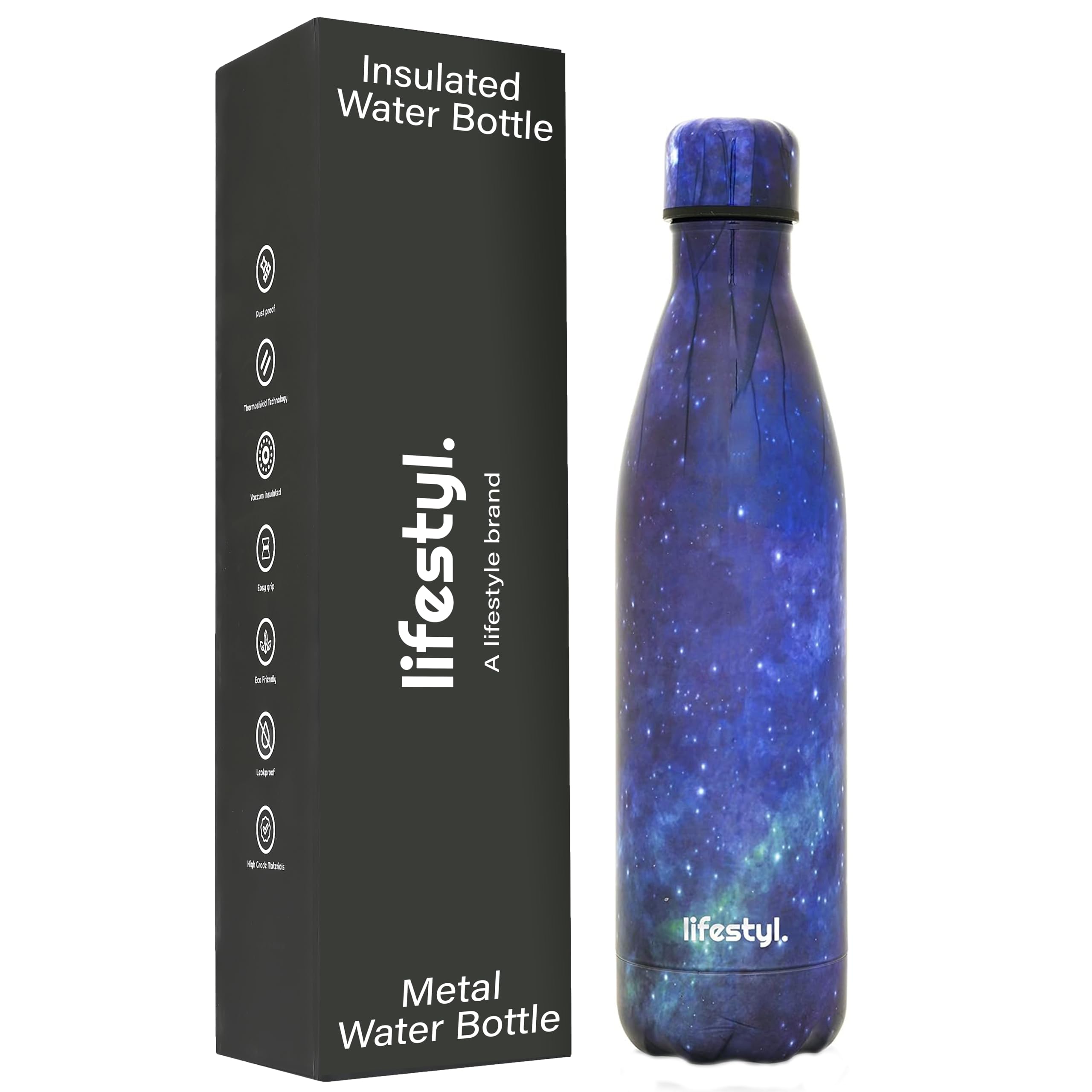 LIFESTYL. Stainless Steel Water Bottle | 24 Hr Cold & 12 Hot| Thermoshield Technology Vacuum Insulated Metal Bottles, Leak-Proof Drinks for Gym, Yoga, Cycling (1000 ml, Galaxy Darkblue) โ image 1