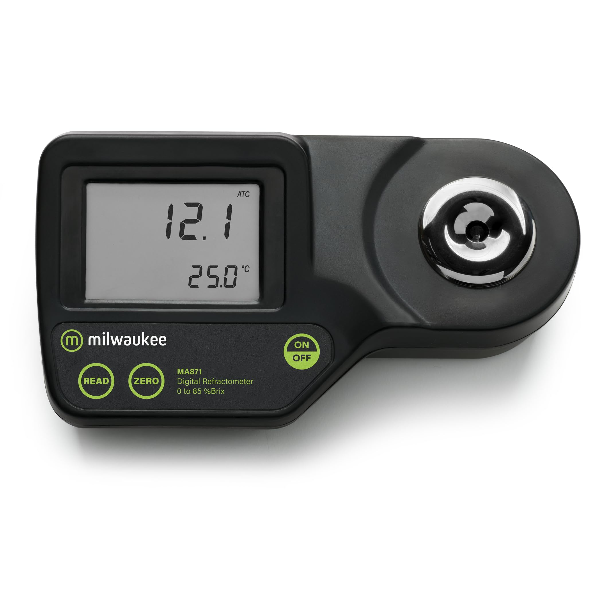 Milwaukee MA871 digital glucose refractometer with automatic temperature, yellow LED, 0 to 85% Brix, +/- 0.2% accuracy, 0.1% solution