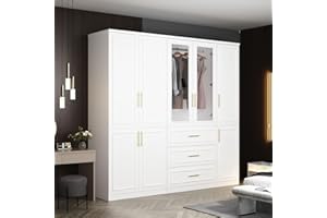 FAMAPY Large Armoire Wardrobe Closet Collection with Drawers & Hanging Rods, Wardrobe Armoire with Gold Metal Handles, Large Armoire for Bedroom White (79.3”W x 19.3”D x 74.9”H)