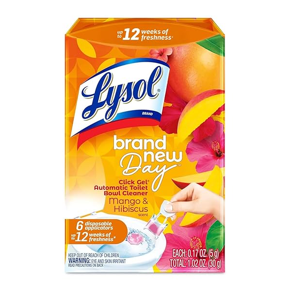 LYSOL CLICK GEL AUTOMATIC TOILET BOWL CLEANER, TOILET GEL STAMP, TOILET FRESHENER, BATHROOM ESSENTIALS, REFRESHING MANGO & HIBISCUS SCENT, 6 COUNT (PACK OF 1)