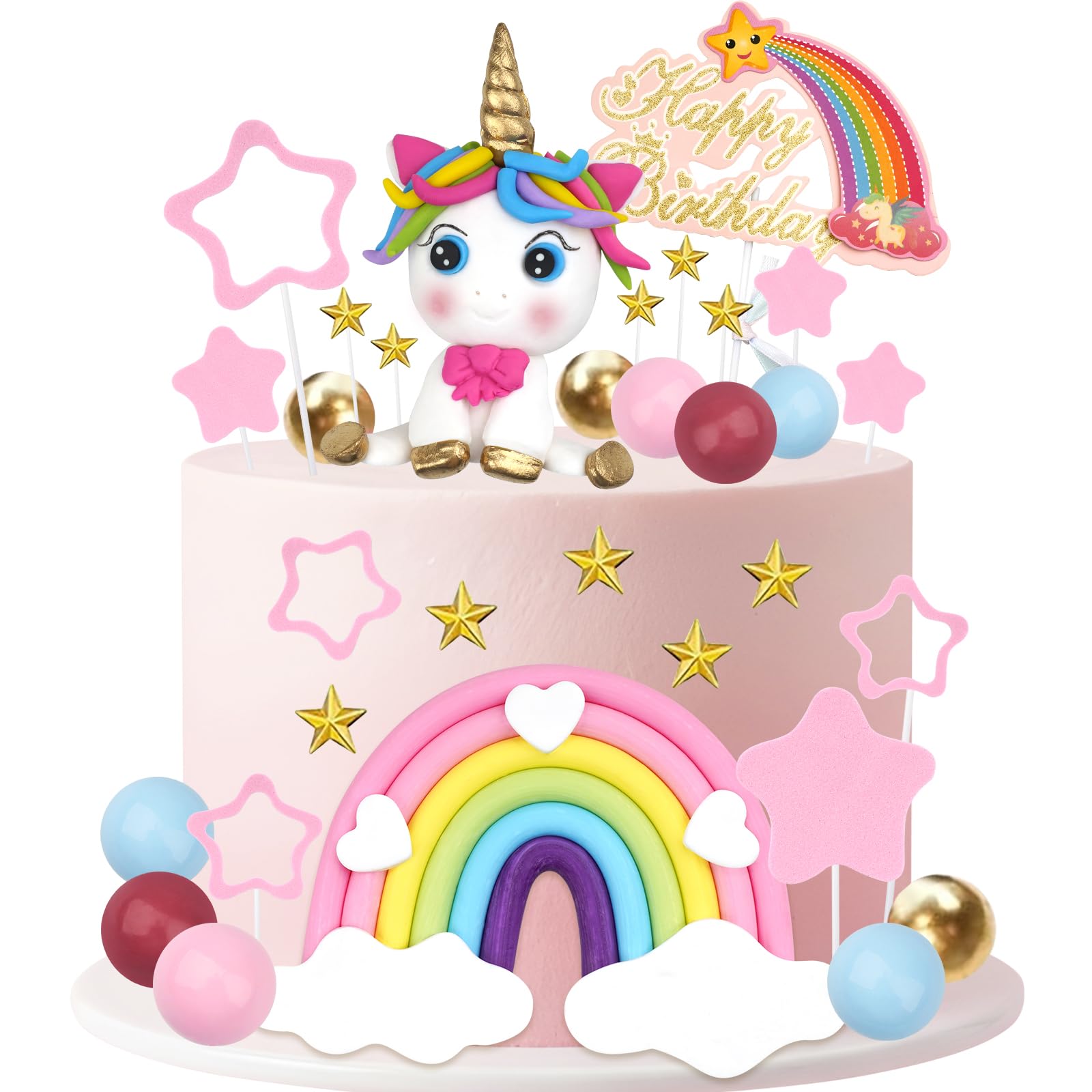 MYHOGOOD Unicorn Cake Topper, Unicorn Rainbow Cake Decorations with Rainbow Stars Balls, Happy Birthday Cupcake Decor for Girls Boys Birthday Party