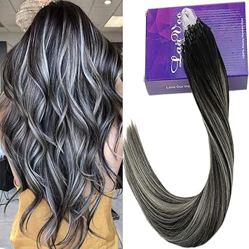 Laavoo Keratin Remy Human Hair Micro Beads Extensions Balayage Ombre Off Black To Grey Silver Ring