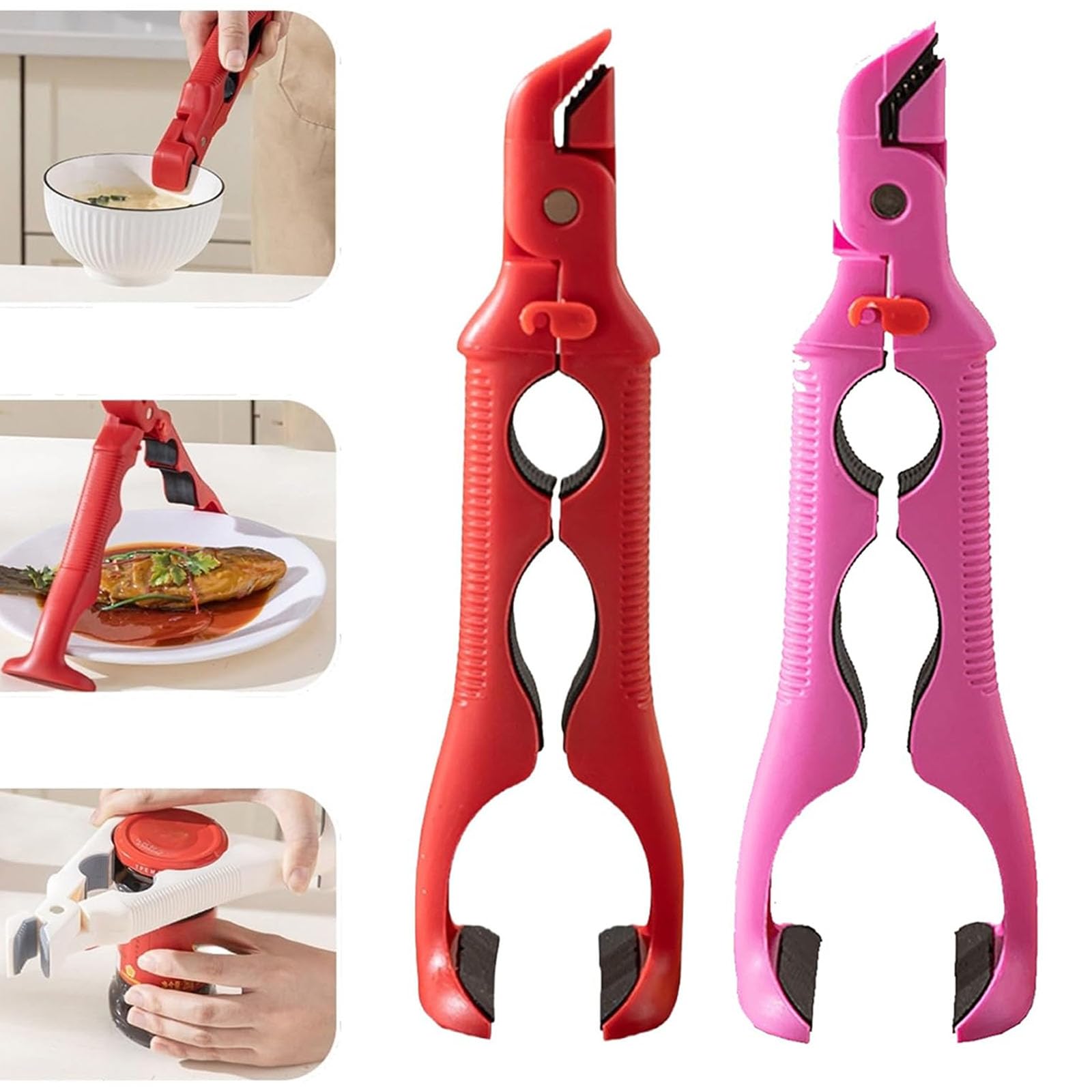 Photo 1 of 2 Pack 3-in-1 Hot Plate Gripper, Multi-angle Anti-Scald Bowl Holder Clip & Hot Plate Grabber Tool with Lock, Heat Resistant Silicone Kitchen Tool with Lock & Bottle Opener (Red + Pink)