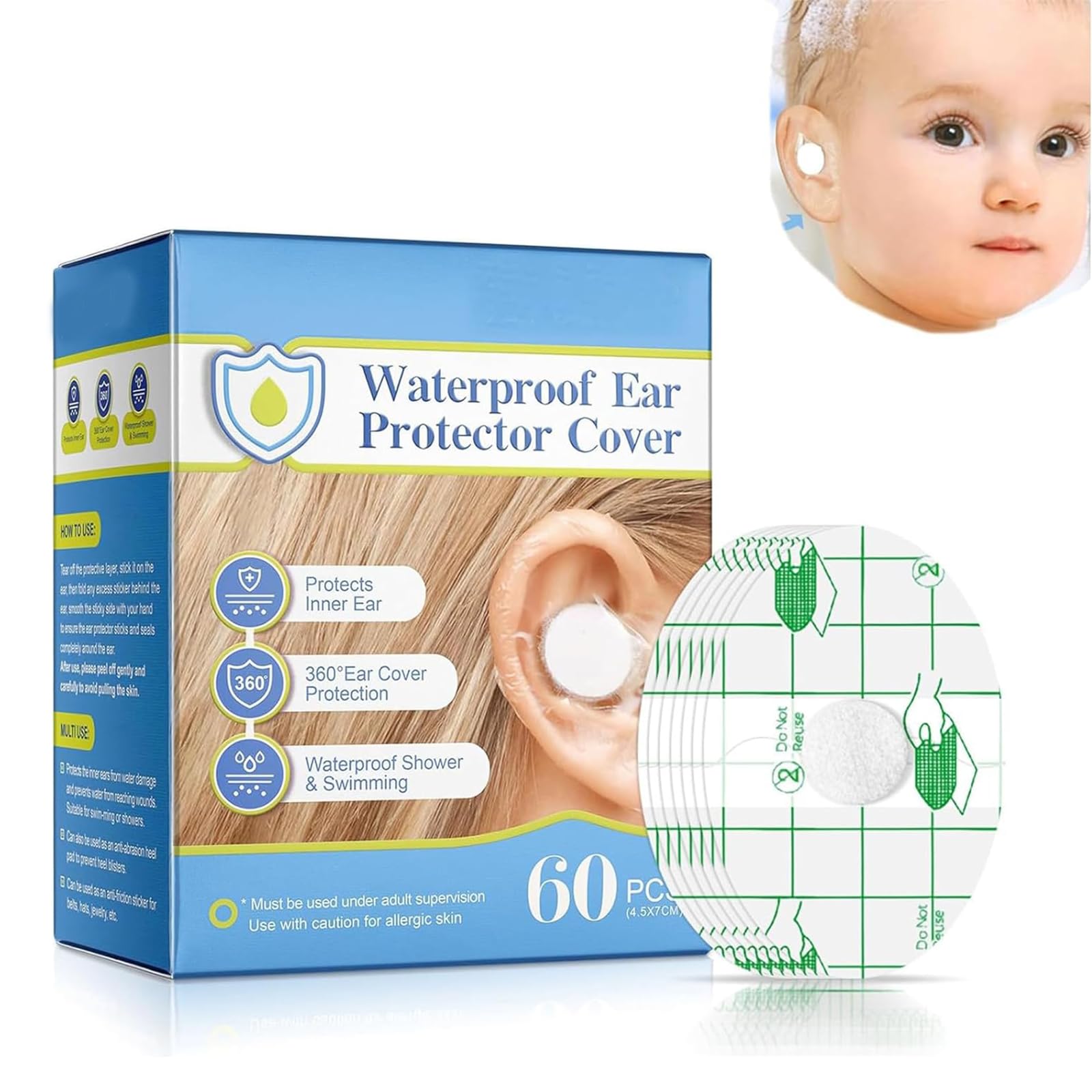Pemarlis 60 Pieces Waterproof Children's Ear Stickers, Transparent Baby Waterproof Ear Stickers, Disposable Ear Patch Stickers, for Newborn Ear Protection, Waterproof for Swimming, Bathing and Others