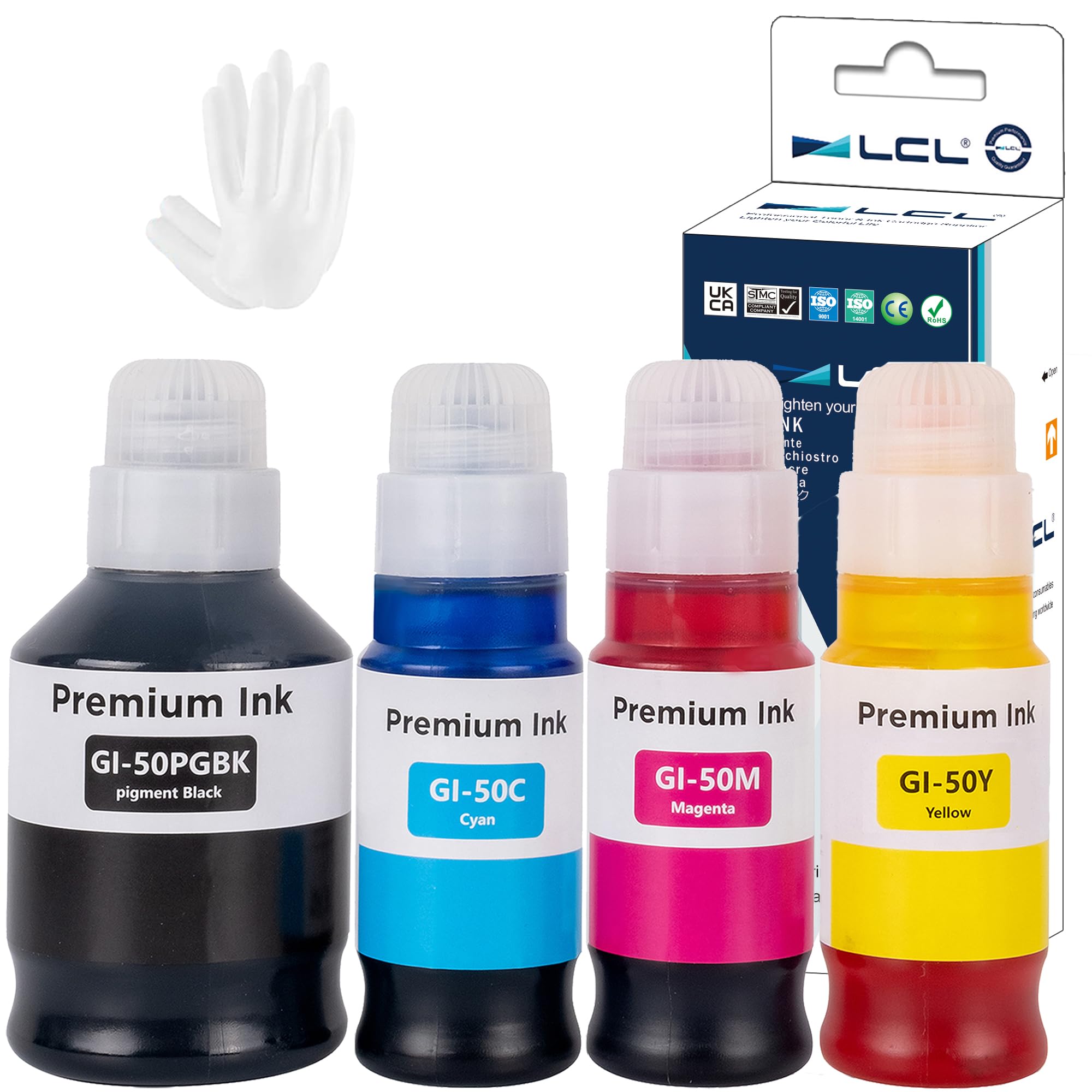 LCL GI-50 GI50 Ink bottle Replacement for Canon 50 GI-50 GI50 Compatible with Canon Pixma GM2050 GM4050 G5050 G6050 G7050 (4 Pack Black Cyan Magenta Yellow)