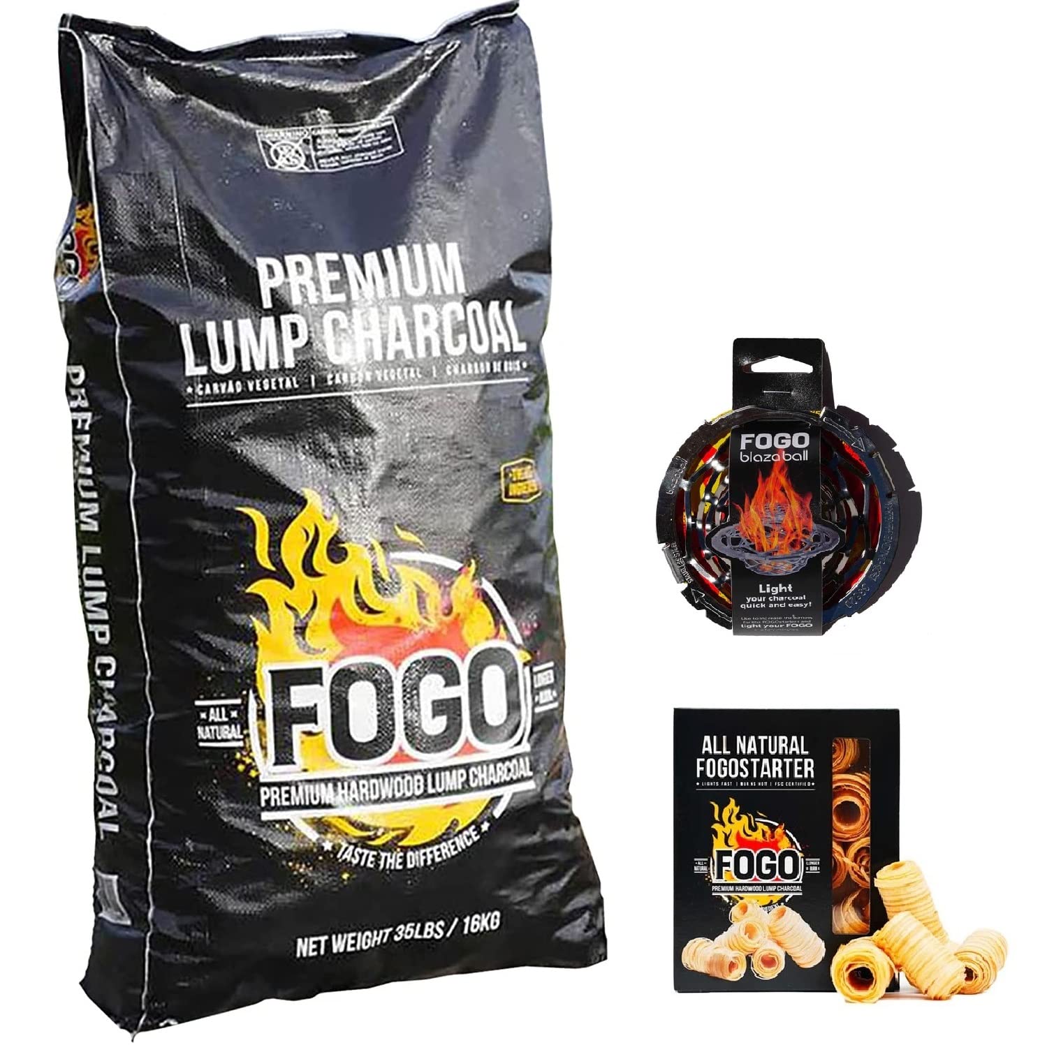 FOGO Premium Hardwood Lump Charcoal 35 Pound Bag, Fogostarters Natural Fire Starters and Blazaball Bundle Image
