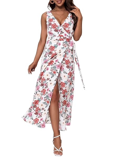 HWOKEFEIYU WOMEN’S SUMMER BOHEMIAN FLORAL CASUAL WRAP V SLEEVELESS SPLIT PARTY MAXI SUN DRESS(FLOWER RED PEONY WHITE,X-LARGE)