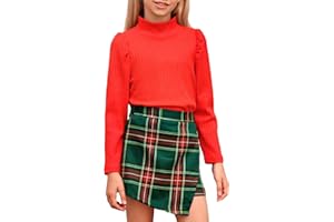 rrhss Girls 2 Piece Christmas Outfit Long Sleeve Ribbed Turtleneck Tops and Plaid Skorts Skirt Sets