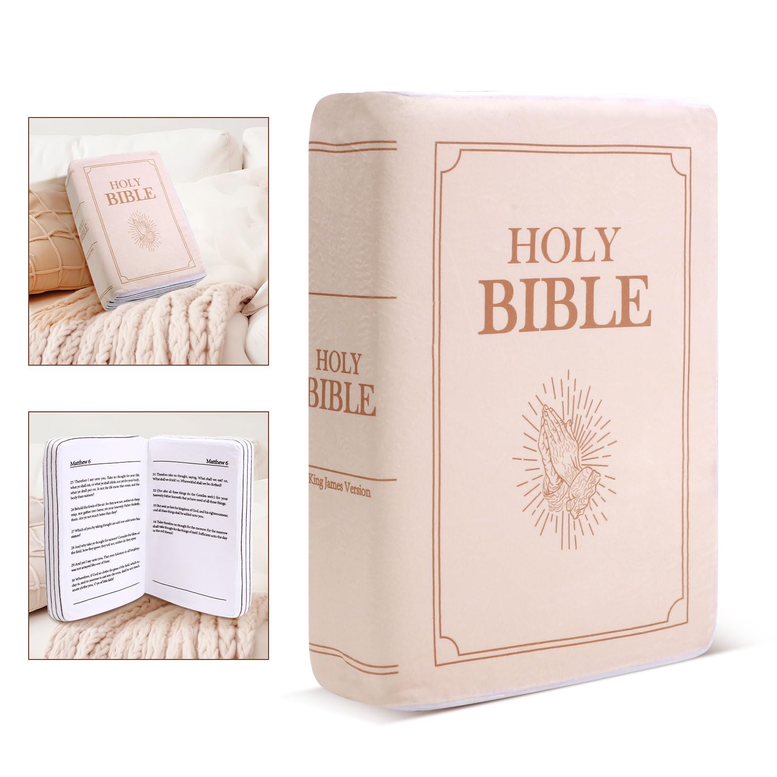 Lasuroa Bible Pillow - 13x8.66x3.54 Inch Velvet Book Shape Plush That Opens Scripture - Khaki Holy Bible Pillow - Cozy Faith Gift for Women Men