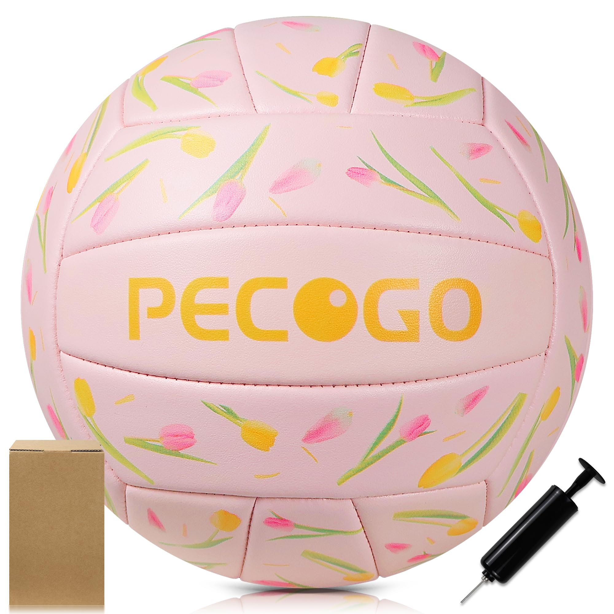 Photo 1 of PECOGO Volleyball Size 5 PU Leather Soft Indoor Outdoor Pink Tulip Flowers Volleyballs Sports Training Game Play Ball for Beginner, Teenager, Adult(Gift Box,with Pump)