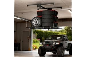 Garvee Garage Ceiling Storage Rack 4x4ft, Overhead Lift Storage Rack with 350lb Capacity, Adjustable Crank System, Space-Savi